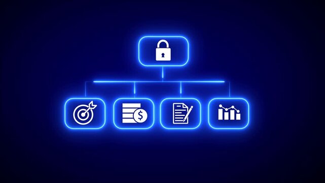 A glowing neon blue organizational chart or flowchart with a central lock at the connected to four subordinate representing a target, stacked coins with a dollar sign, a document with a pencil, and