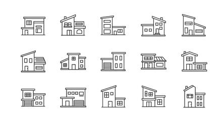 Fototapeta premium Modern House Icons Set: Diverse Architectural Styles for Real Estate and Design