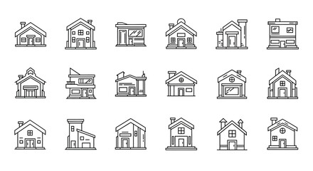Fototapeta premium Modern House Icons Set: Diverse Architectural Styles and Building Designs