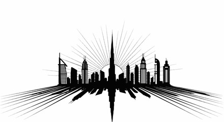 Naklejka premium Silhouette of a modern city skyline with sunburst and perspective lines
