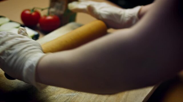 Rolling beetroot dough on a wooden surface