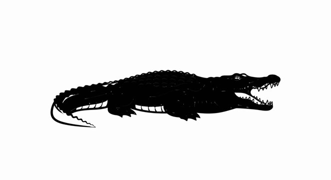 Silhouette of a menacing black alligator with sharp teeth and open jaws