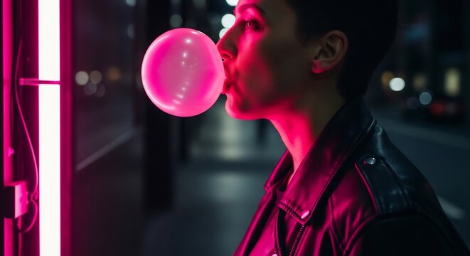 Young Person Blowing Pink Bubble Gum in Neon City Lights.