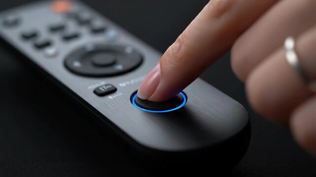 Finger pressing button on remote control, modern technology with blue light.