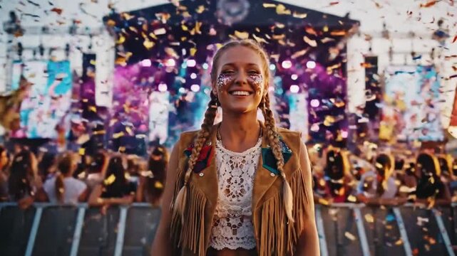 Caucasian Woman Cheering At Festival Frontrow With Colorful Stage Lights, Confetti And Braided Hair Boho Outfit, Face Paint, Wide Smile, Crowd Energy And Dusk Atmosphere Capturing Live Music Euphoria