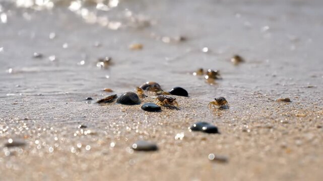 Close-up of group of sand fleas scavenging on the beach, sand, waves.