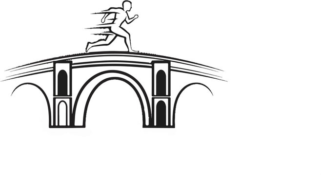 Silhouette runner crosses a multi-arched bridge with motion lines