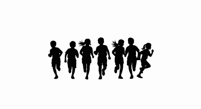 Silhouettes of diverse children running together in unison