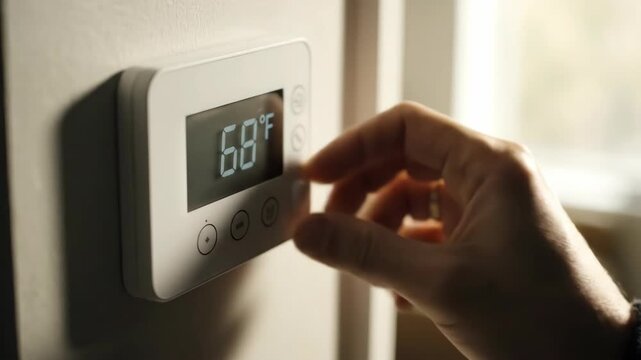 Smart thermostat showing 70 degrees Fahrenheit, controlling temperature indoor for comfort.