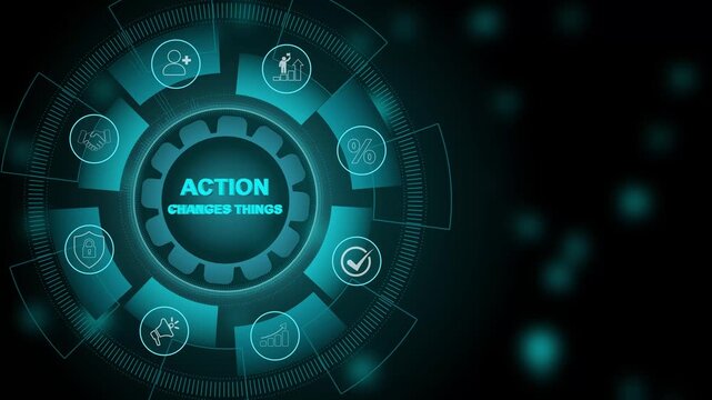 Action Changes Things concept with Digital Icons Illustrating Modern Technology Applications in Business and Industry. 3d Motion graphics of technology icon interface background