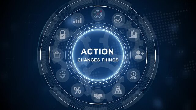 Action Changes Things concept with Digital Icons Illustrating Modern Technology Applications in Business and Industry. 3d Motion graphics of technology icon interface background