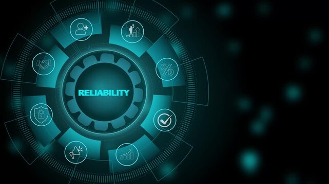 Digital concept of reliability with interconnected icons. Business, Technology, Internet and network concept. 3d Motion graphics of technology icon interface background