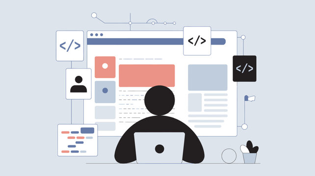 A person sitting at a desk working on a laptop with web development and coding concepts surrounding them.