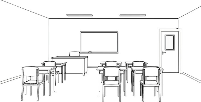 Simple line drawing of an empty classroom with desks, chairs, and a whiteboard