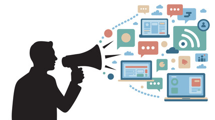 Fototapeta premium A man using a megaphone to spread information and communicate with others through various digital media channels and social networks.