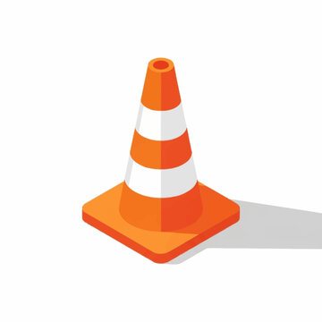An isometric illustration of a bright orange traffic cone with white reflective stripes casting a shadow on a white background.