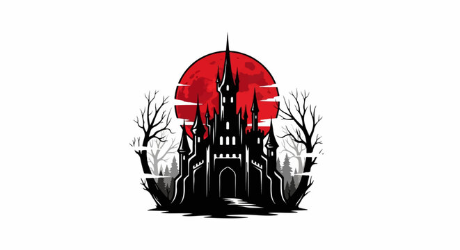 Silhouette castle with dead trees against a large red moon