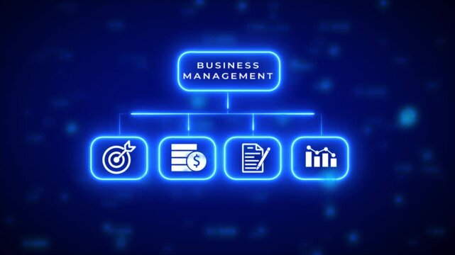 A glowing neon blue organizational chart illustrating business management with a central box labeled BUSINESMANAGEMENT connected to four target, coins, document with pencil, and bar