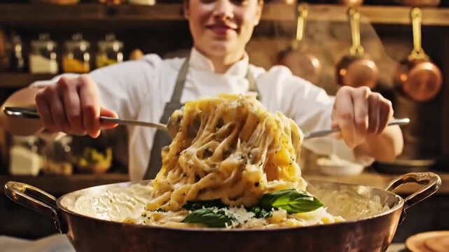 Cinematic footage of creamy fettuccine pasta being tossed in a pan with parmesan cheese and fresh herbs, steam rising dramatically, golden kitchen lighting, chef stirring pasta with tongs,