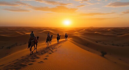 Fototapeta premium four camel riders crossing golden sand dunes at sunset, serene and awe-inspiring desert journey