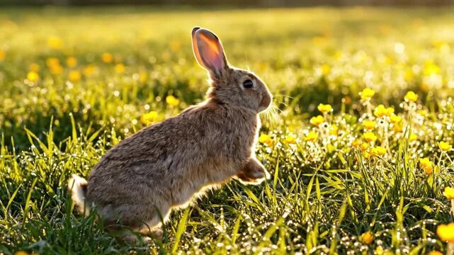 Sunlit wild rabbit running in a beautiful green meadow at sunset.