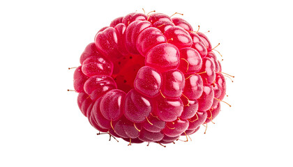 Close-up of a vibrant red, ripe raspberry isolated on a black background