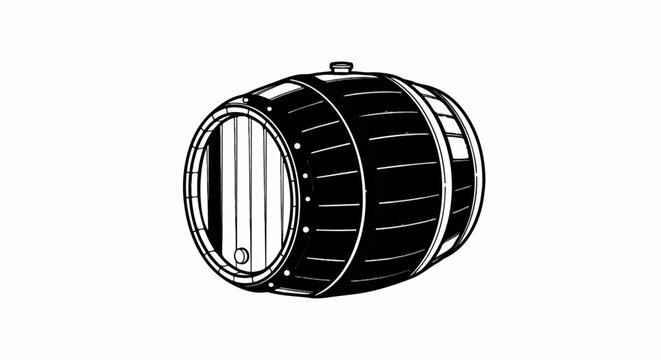 Stylized black and white depiction of a wooden barrel with metal bands