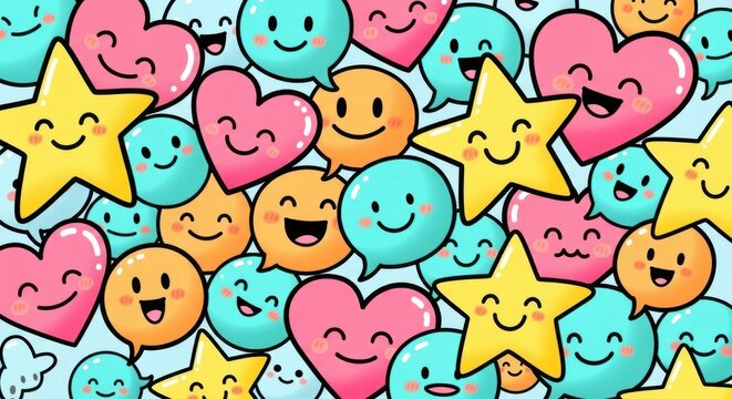 Cute cartoon emoji pattern background with smiling hearts stars and speech bubbles