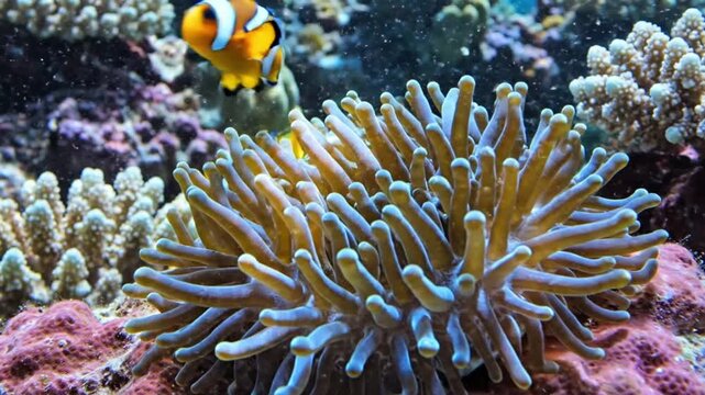 Vibrant Clownfish Swimming in a Colorful Sea Anemone on a Coral Reef.