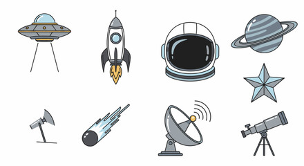 Space icons with rocket ship and telescope 1. © Gledek