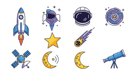 Space icons with rocket ship and telescope 2. © Gledek