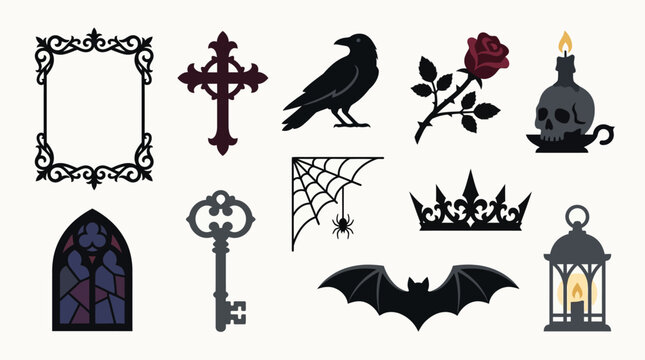 A collection of gothic-themed graphic elements including a raven, rose, skull candle, stained glass window, key, spiderweb, crown, bat, and lantern.