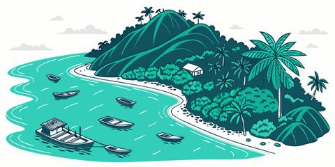 A tropical island with boats in the water Vector © Adobe 