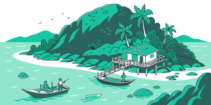 A small island with a boat and a mountain Vector