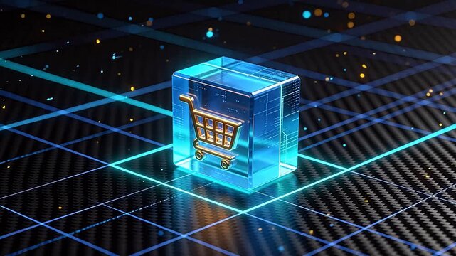 Futuristic digital shopping cart icon ecommerce concept blockchain technology secure online payment data security cyber business 3d render glowing blue grid background internet
