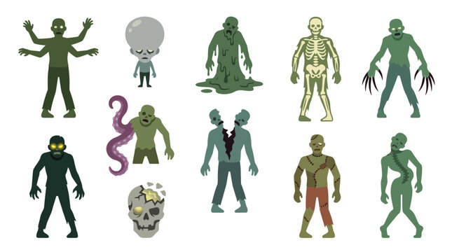 A collection of diverse cartoon monsters and zombies with various unique features and body types, presented in a flat design style.
