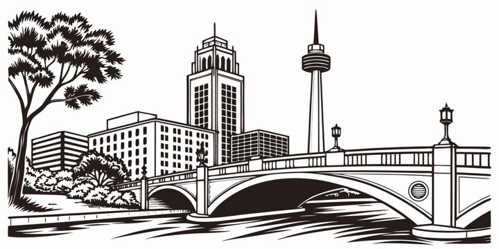 USA, US, U.S, United States - San Antonio skyline with riverwalk bridges silhouette minimalist monochrome panorama