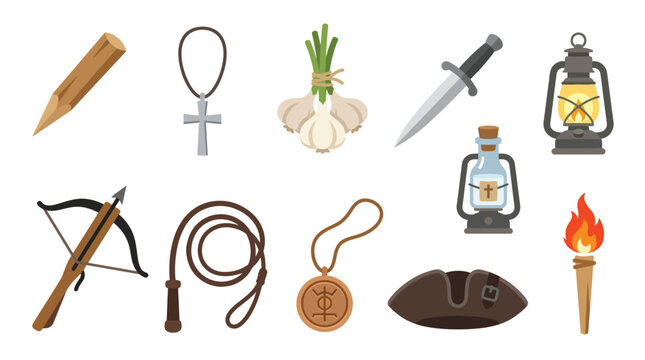 Collection of items associated with vampire hunting, including a wooden stake, cross, garlic, dagger, lantern, crossbow, whip, amulet, and torch.