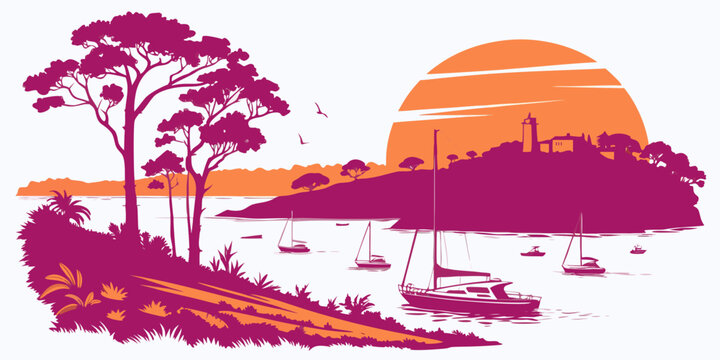 A serene harbor scene at sunset with boats and trees Vector