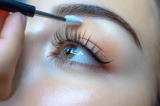 close-up of precise eyebrow grooming with white spoolie brush and shimmering brow bone, calm focused beauty moment