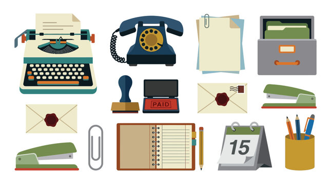 A collection of vintage office supplies, including a typewriter, rotary phone, staplers, envelopes, and a calendar, arranged on a white background.