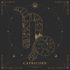 Modern magic witchcraft card with astrology Capricorn zodiac sign on space background. Line art vector illustration © annbozhko