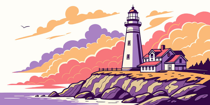 A lighthouse on a rocky cliff by the sea Vector