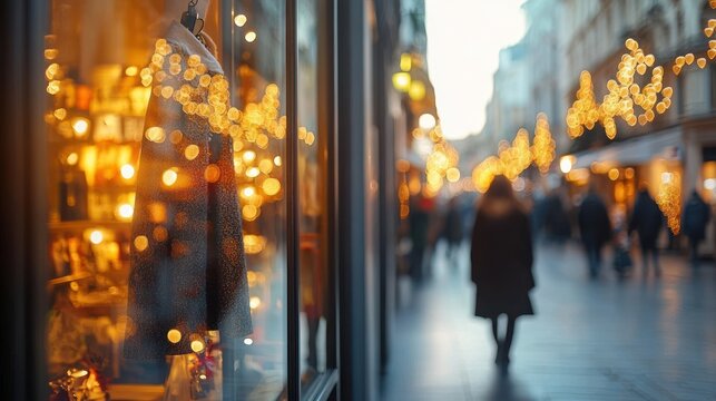 coat in a shop window on a city shopping street at dusk, warm bokeh lights and blurred pedestrians creating a cozy festive atmosphere