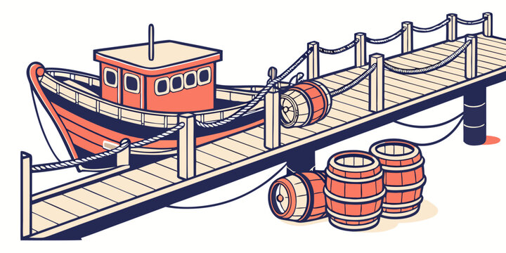 A small red boat docked at a pier with a barrel Vector