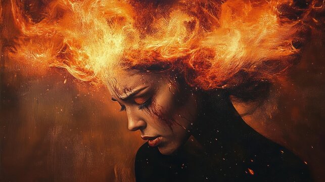dark silhouette portrait with hair erupting into blazing flames and swirling embers, conveying intense passion and dramatic fiery energy