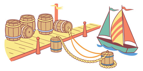 A colorful sailboat with barrels on a dock Vector © Adobe 