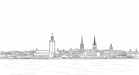 Naklejka premium Stylized black and white line drawing of a city skyline across water