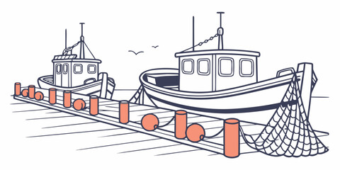 A fishing boat is moored at a dock with orange buoys Vector © Adobe 