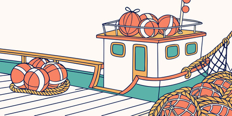 A small fishing boat with fishing nets and buoys on the deck Vector © Adobe 